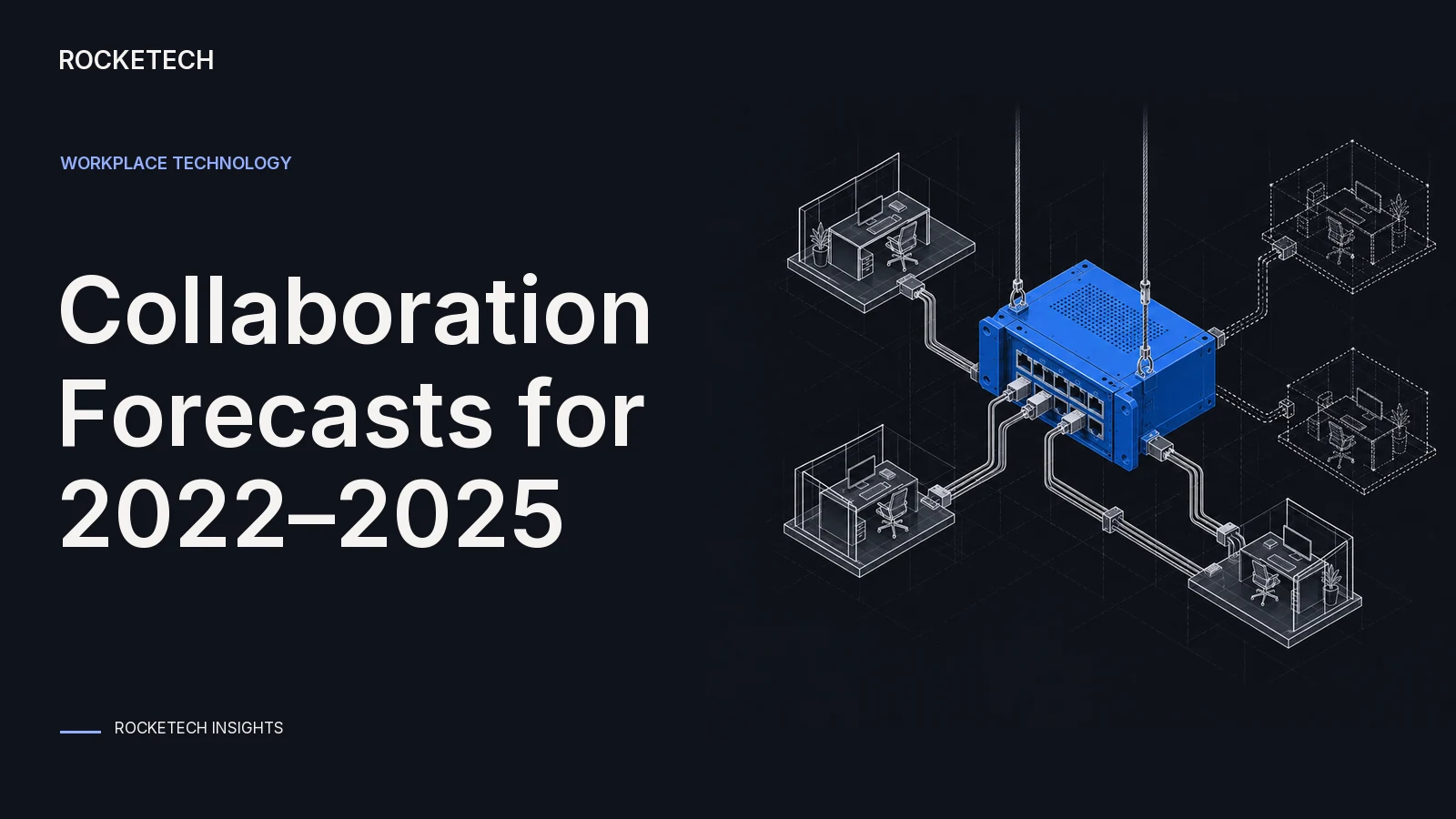 A technical switchboard connects remote work surfaces through fine routes with unfinished endpoints.