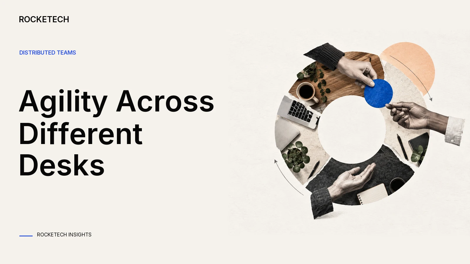 Separate desk fragments form a circular paper relay carrying one shared work token.