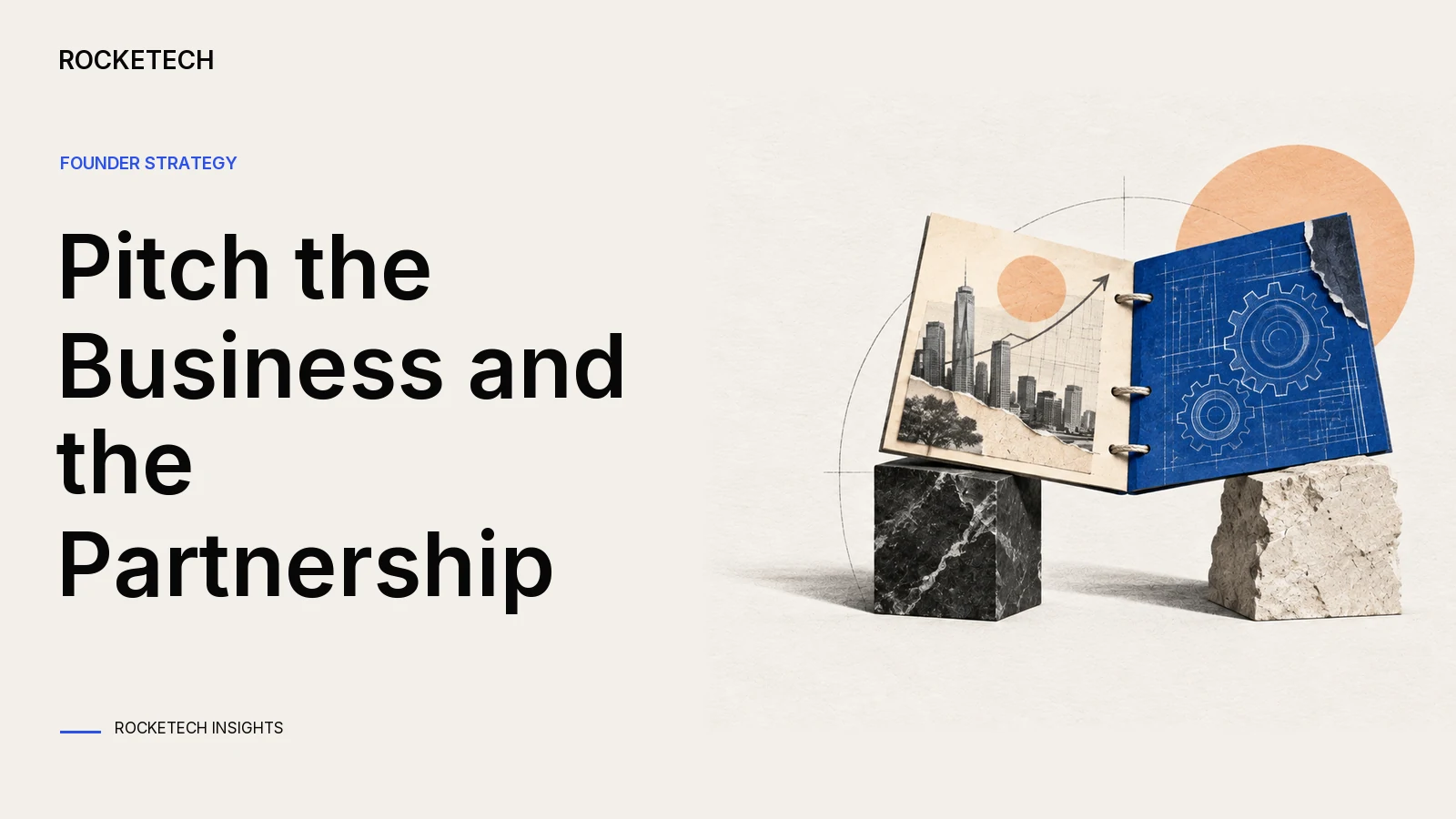 A presentation folio rests on complementary business and technical supports joined by an exposed connection.