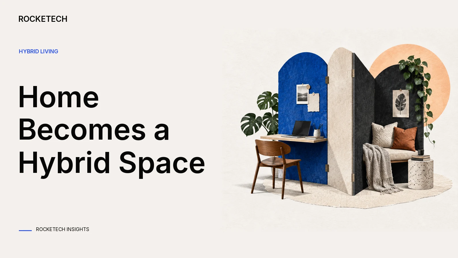 A folded room divider forms a work surface on one side and a quiet living nook on the other.