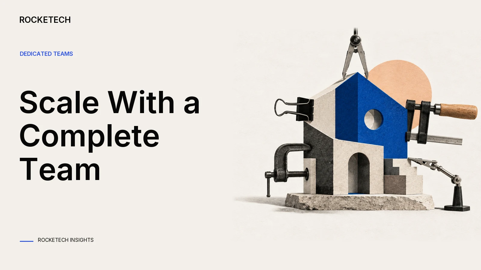 A paper scaffold supports a product model with several complementary specialized clamps.