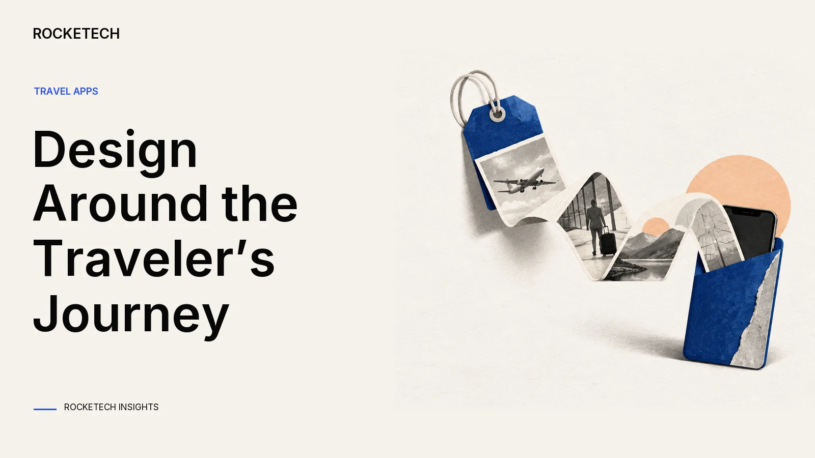 A luggage tag unfolds into an itinerary ribbon passing through a reservation pocket and phone-shaped sleeve.