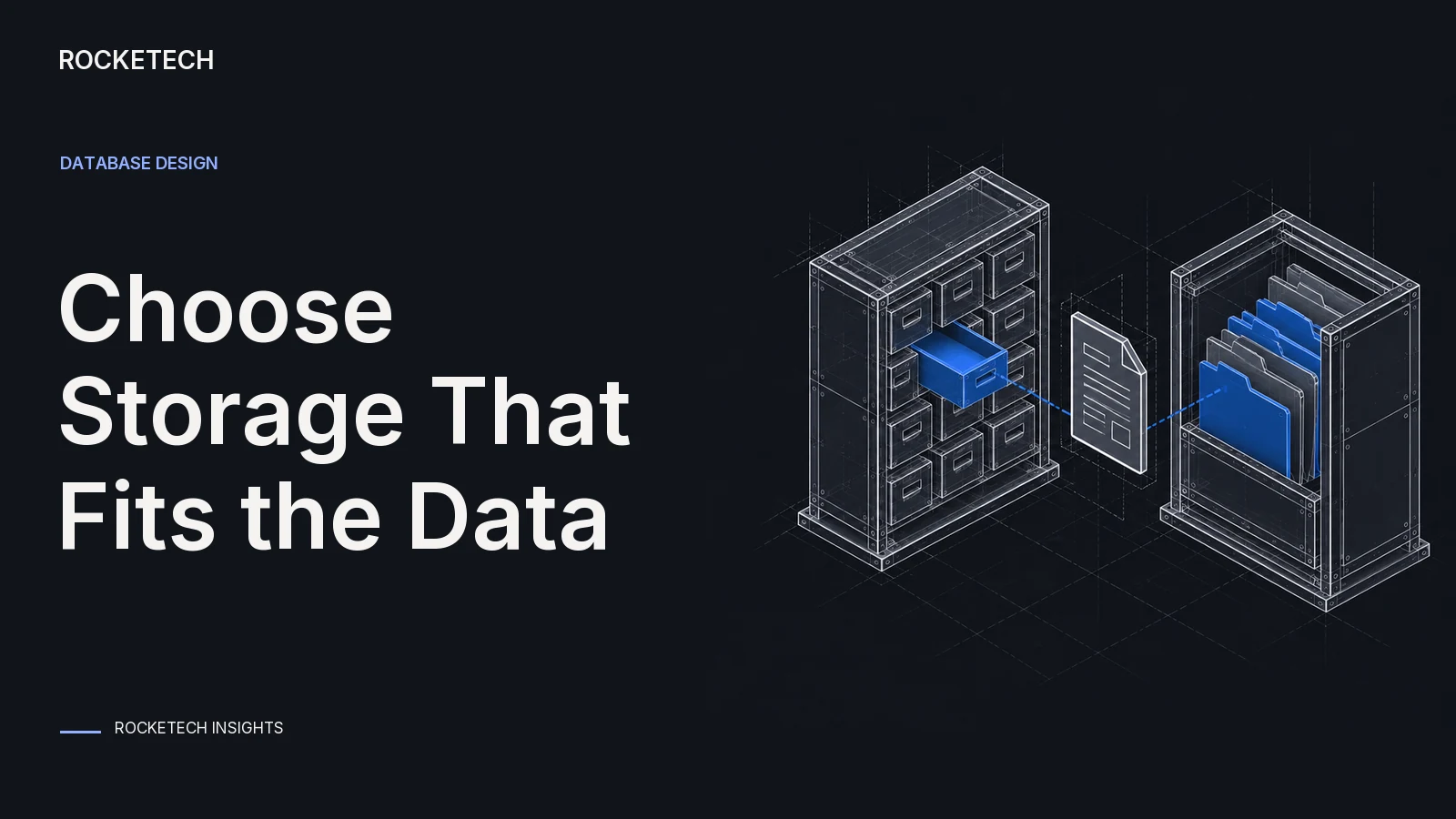 A storage cabinet presents indexed slots and flexible document compartments around a sample data form.